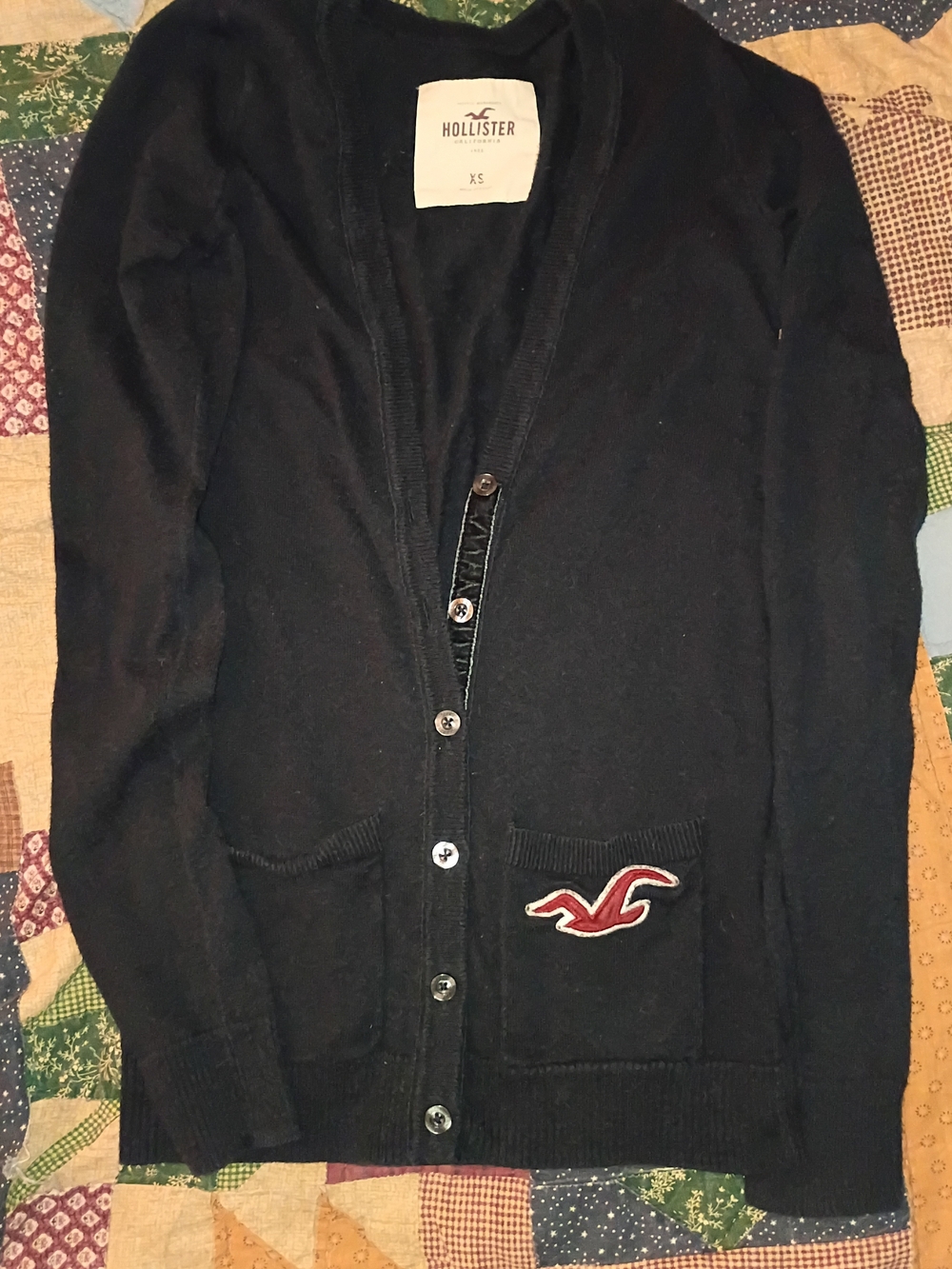 Hollister Navy Blue Button-Front Women's Cardigan with Red Logo
